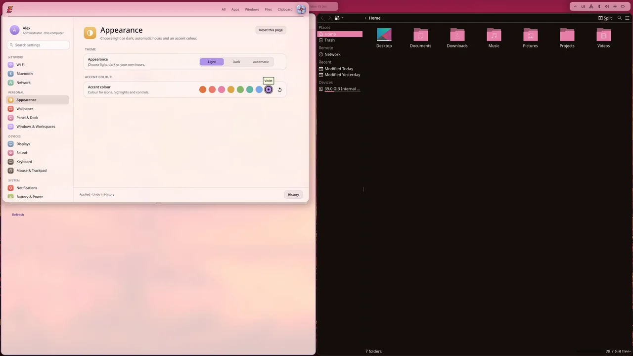 Settings, Appearance: the Violet accent chosen, beside Files