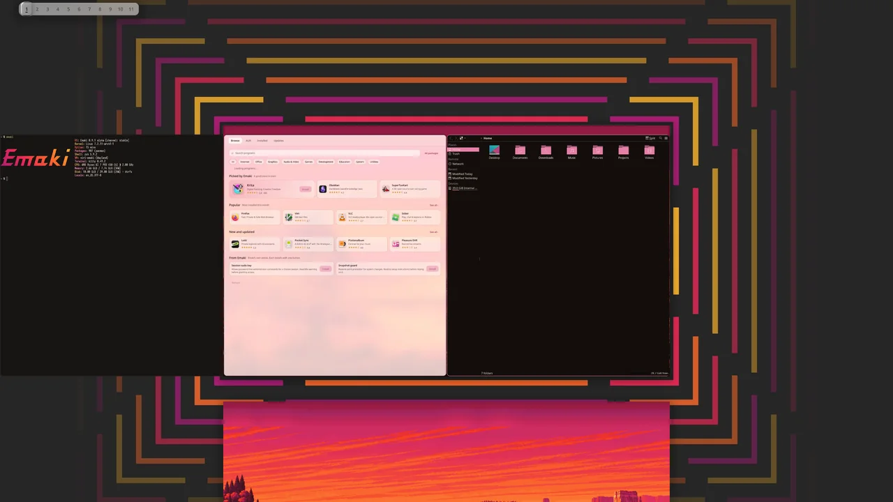 The overview: the terminal, Programs & Updates and Files side by side on one strip, the next strip below