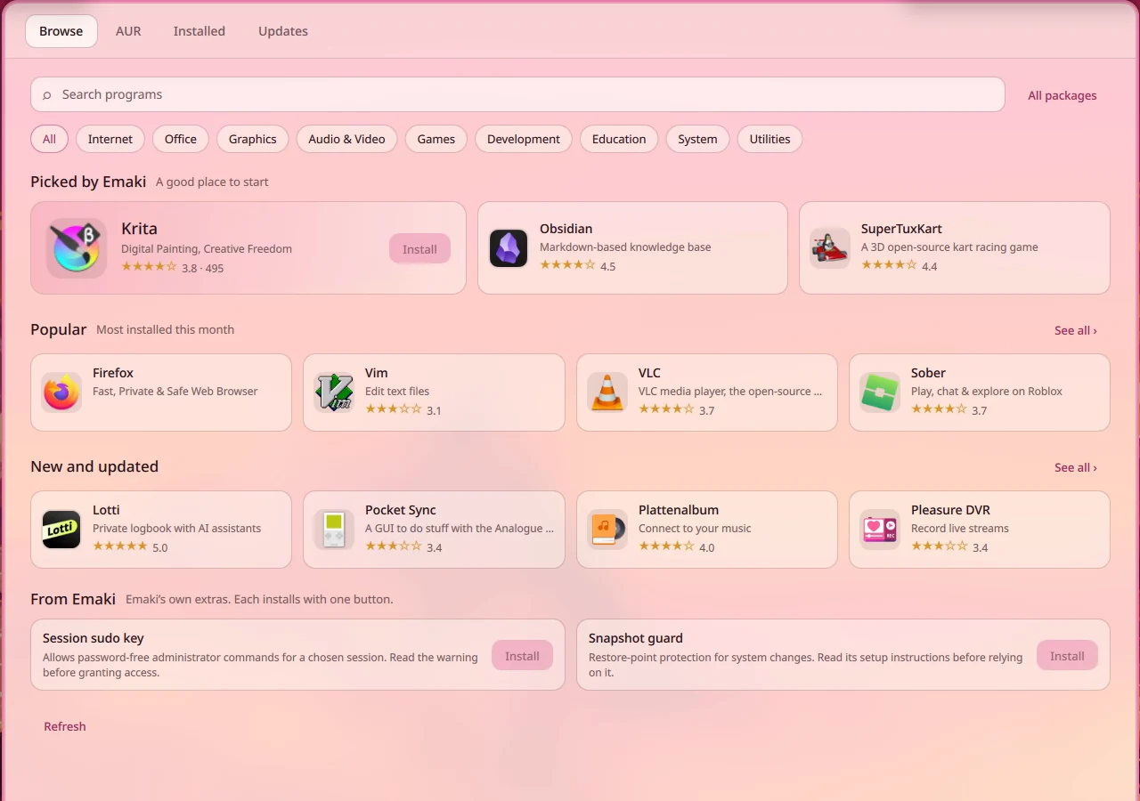 Programs & Updates: programs picked by Emaki, popular and new ones, each with an Install button; tabs for installed programs and updates